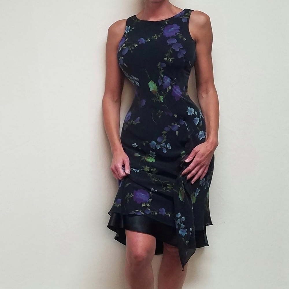 VINTAGE Liz Claiborne Purple Floral Silk Chiffon Black Satin Ruffle Midi Dress M - Picture 2 of 16